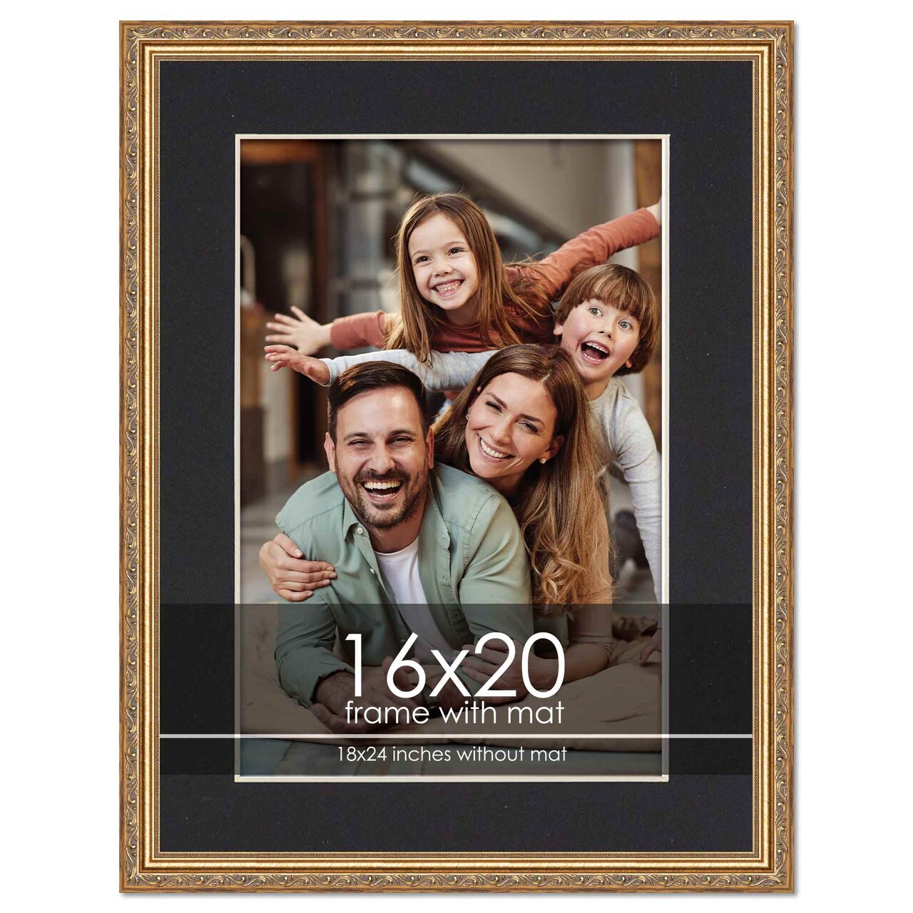 Antique Gold Frame with Black Photo Mat, UV Acrylic Front, Foam Board Backing, 60 Sizes Available